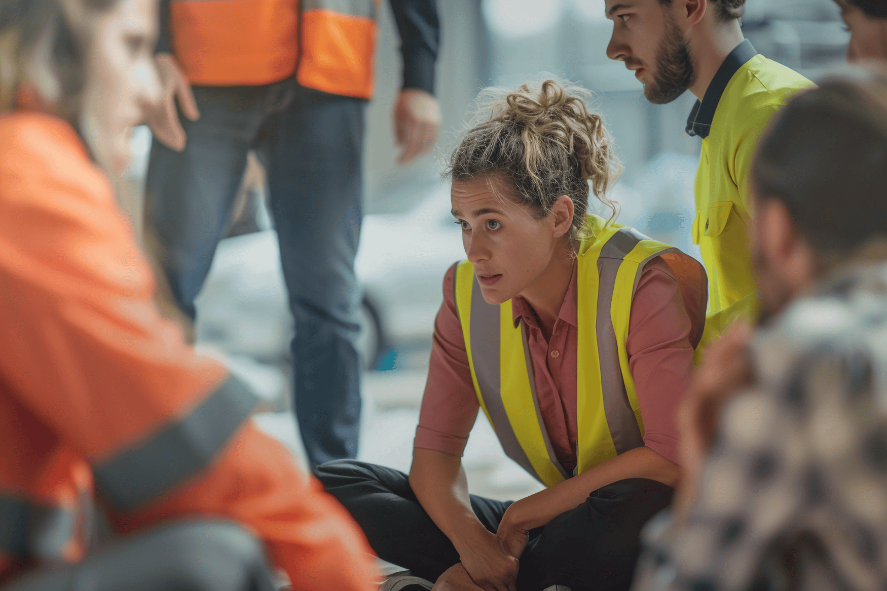 Disaster relief workers huddling for a meeting